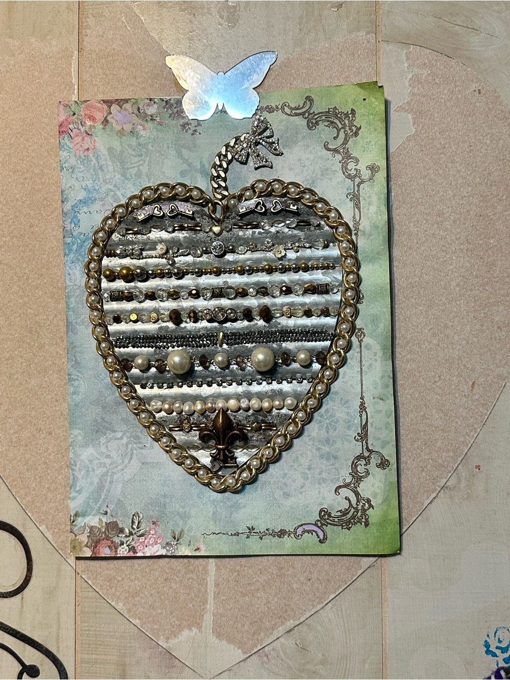 Hand Crafted Gold and White Heart Wall Accent - Decorative Beaded Heart